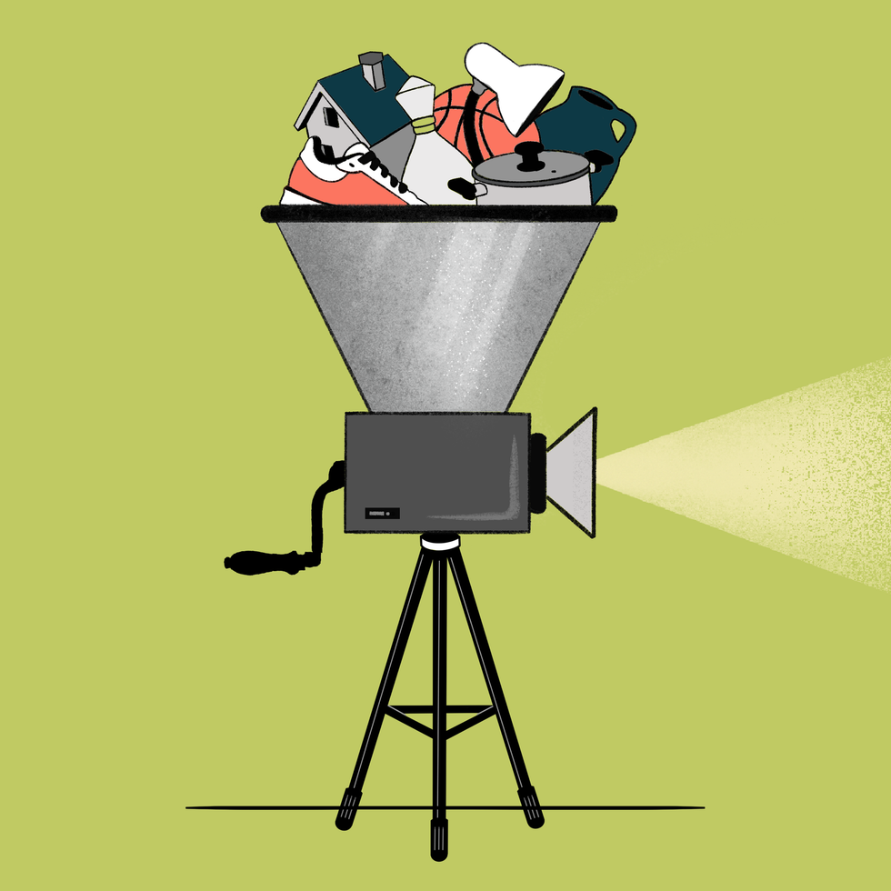 Projector with funnel showing items: house, shoe, ball; on green background.
