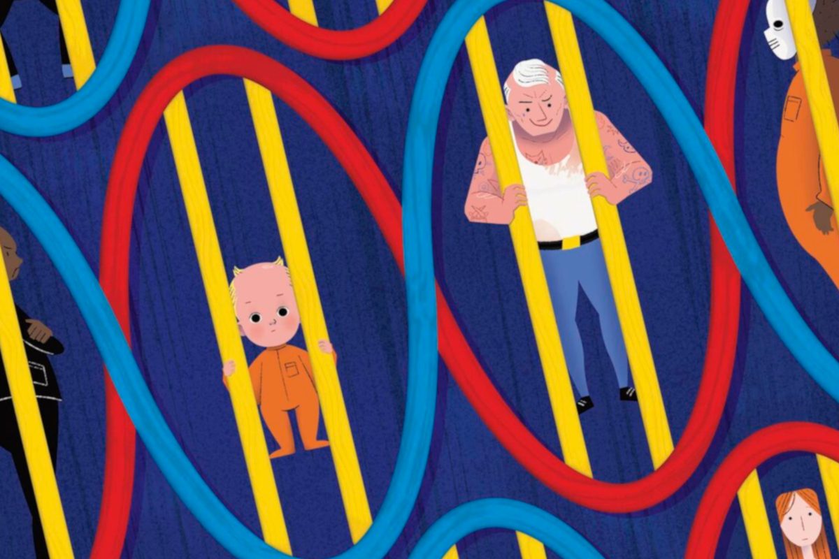 Illustration showing a grown man and a baby locked behind the bars of a strand of DNA.
