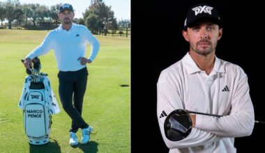 Marco Penge poses by a PXG bag, with Penge wearing a PXG hat
