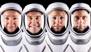 four humans in white helmets