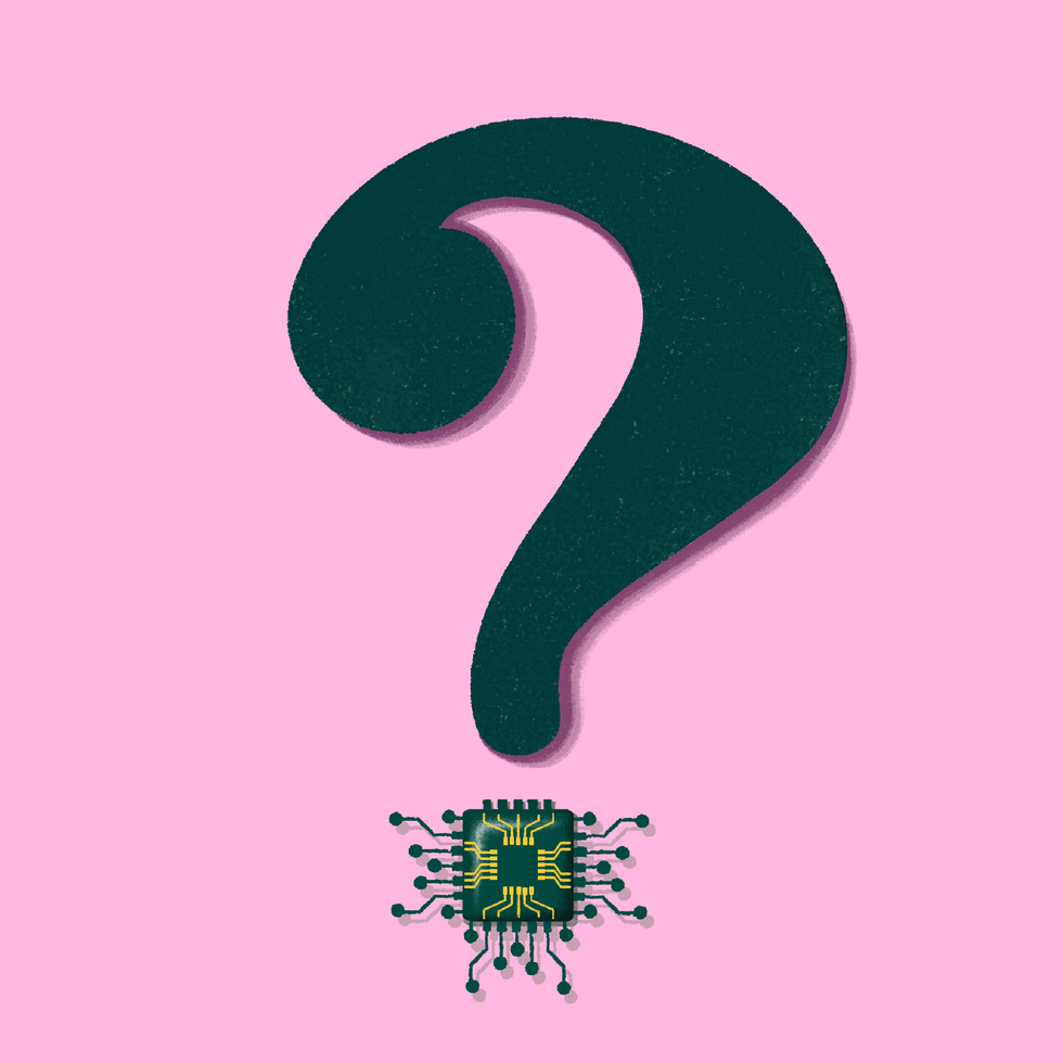 Question mark above a microchip on a pink background.