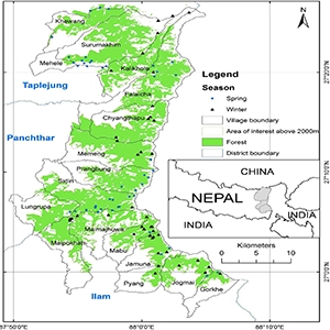 Map of Nepal study area, showing winter and spring camera trapping survey locations, including forest coverage, altitudes above 2,000 m and local area boundaries. The red panda dedicated camera trapping survey was conducted during 2018 in the southern part of the study area. Credit: Wildlife Society