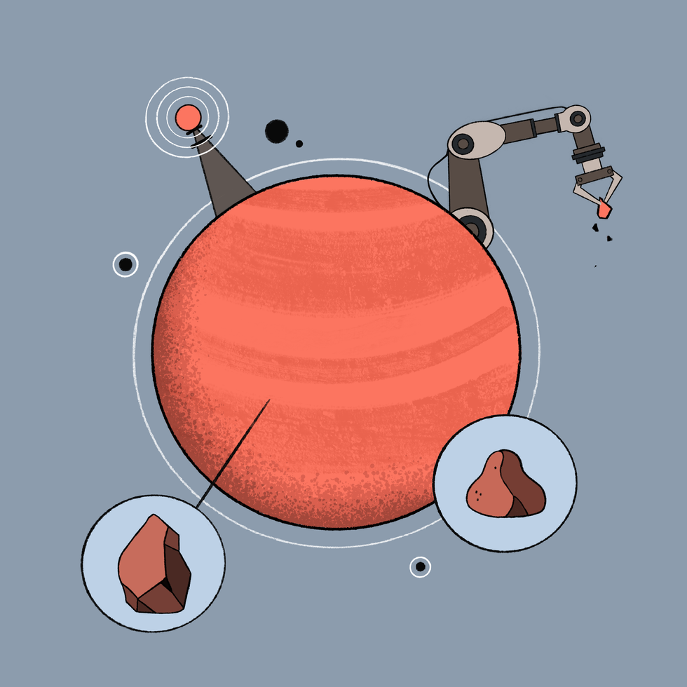 Red planet with robotic arm, examining rocks and minerals connected in circular diagrams.