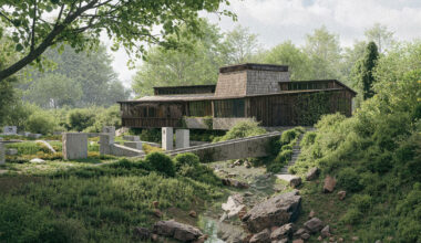 ring of concrete blocks shapes balkan cultural center proposal in rural US town