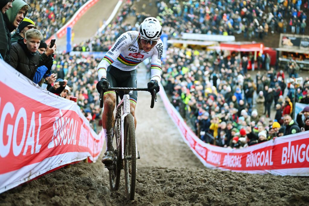 ZONHOVEN BELGIUM DECEMBER 22 Race winner Mathieu Van Der Poel of The Netherlands and Team AlpecinDeceuninck competes during the 28th Zonhoven UCI CycloCross Worldcup 2024 Mens Elite on December 22 2024 in Zonhoven Belgium Photo by Luc ClaessenGetty Images