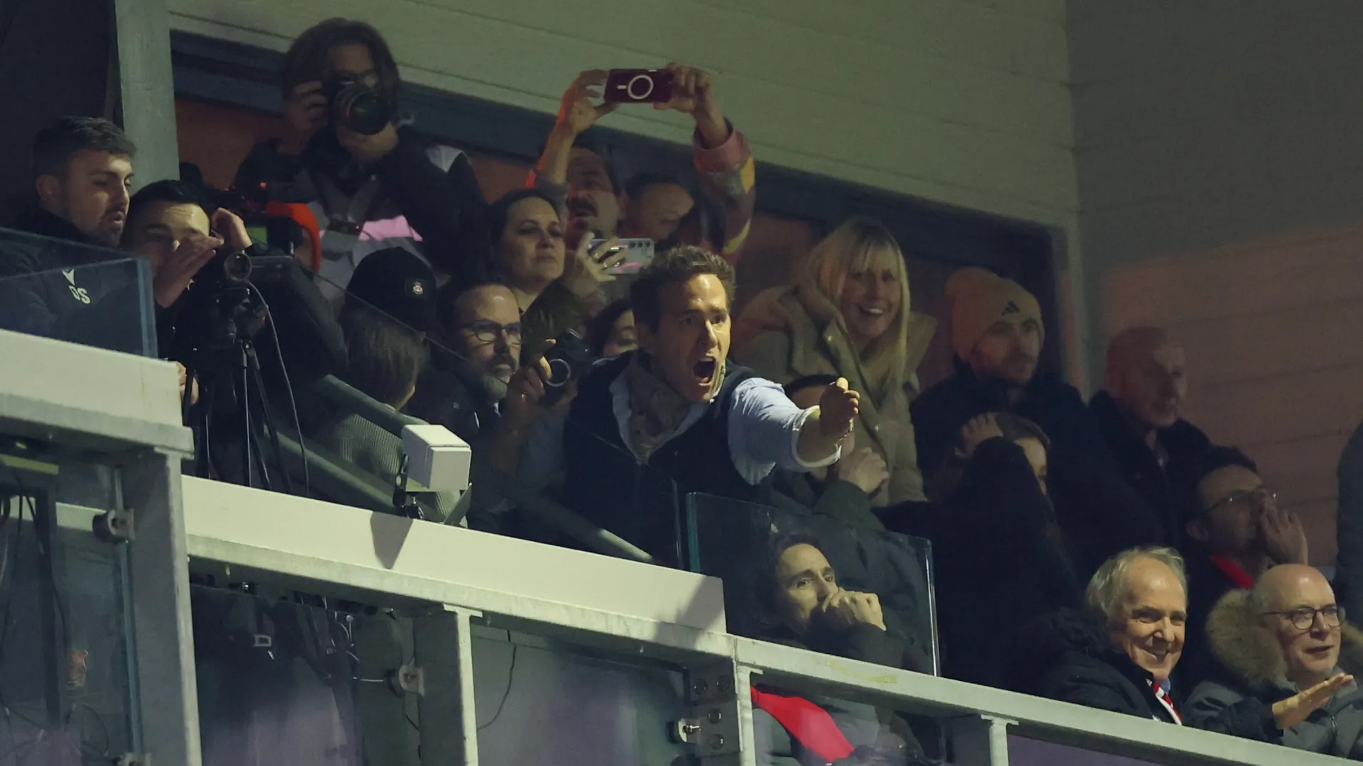 Ryan Reynolds watching Wrexham vs. Nottingham Forest from the stands.