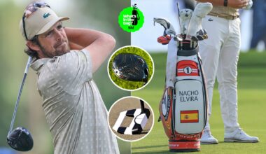 Nacho Elvira hits a golf shot, with a close up of his bag and clubs