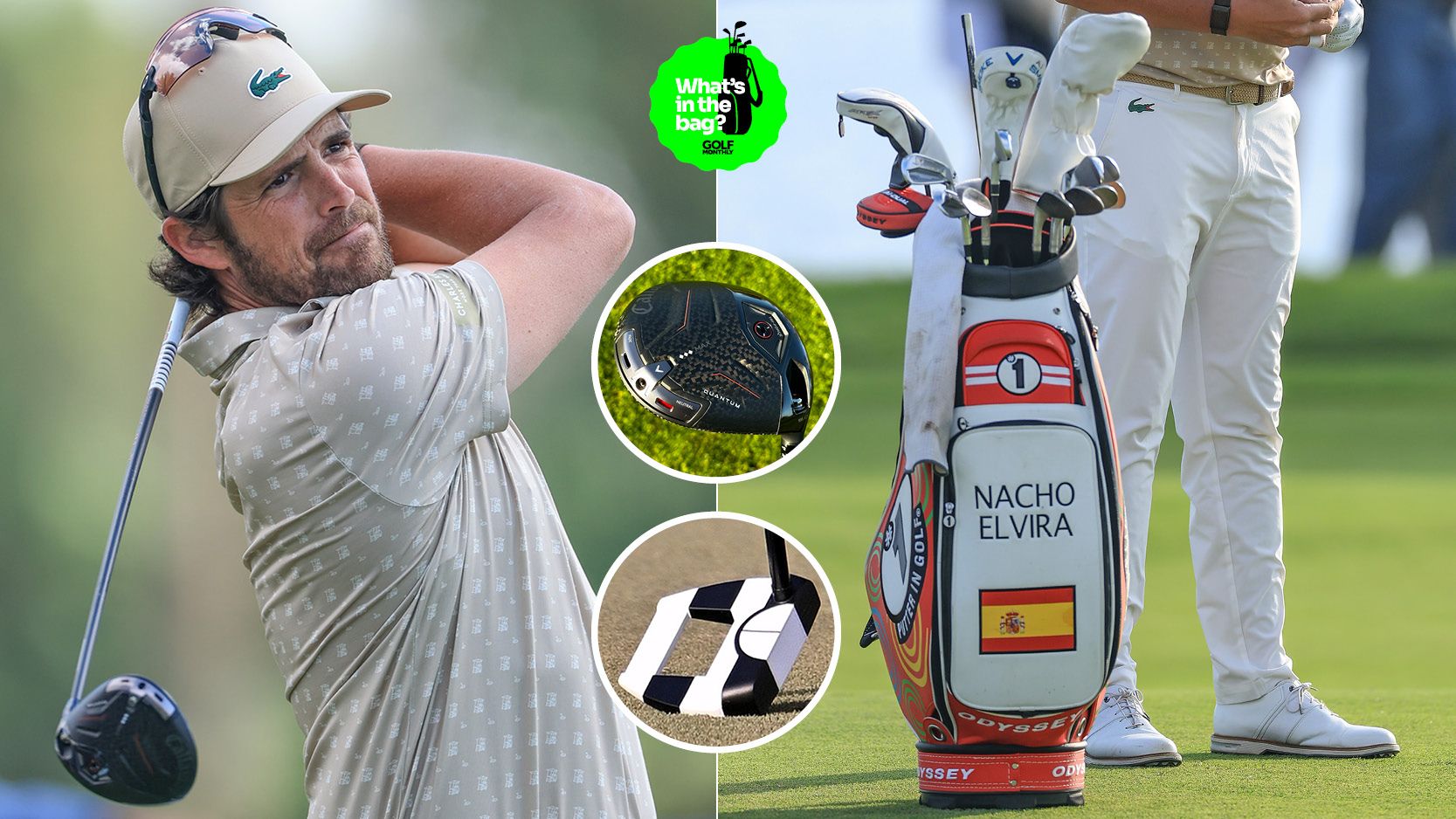 Nacho Elvira hits a golf shot, with a close up of his bag and clubs