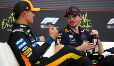 Pole position qualifier Max Verstappen of the Netherlands and Oracle Red Bull Racing and Second placed qualifier Lando Norris of Great Britain and McLaren talk in the Drivers Press Conference during qualifying ahead of the F1 Grand Prix of Abu Dhabi at Yas Marina Circuit on December 06, 2025 in Abu Dhabi, United Arab Emirates. (Photo by Bryn Lennon/Getty Images) // Getty Images / Red Bull Content Pool //