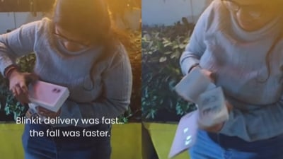 A woman ordered an iPhone 17 via Blinkit, unboxed it on camera and accidentally dropped the phone. (Instagram/ashixsingla)