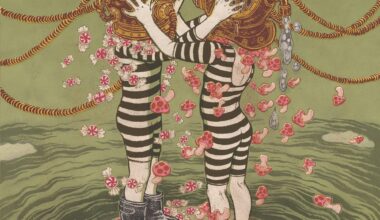 An illustration by Yuko Shimizu of two young swimmers underwater in black-and-white striped suits, wearing vintage metal diving helmets