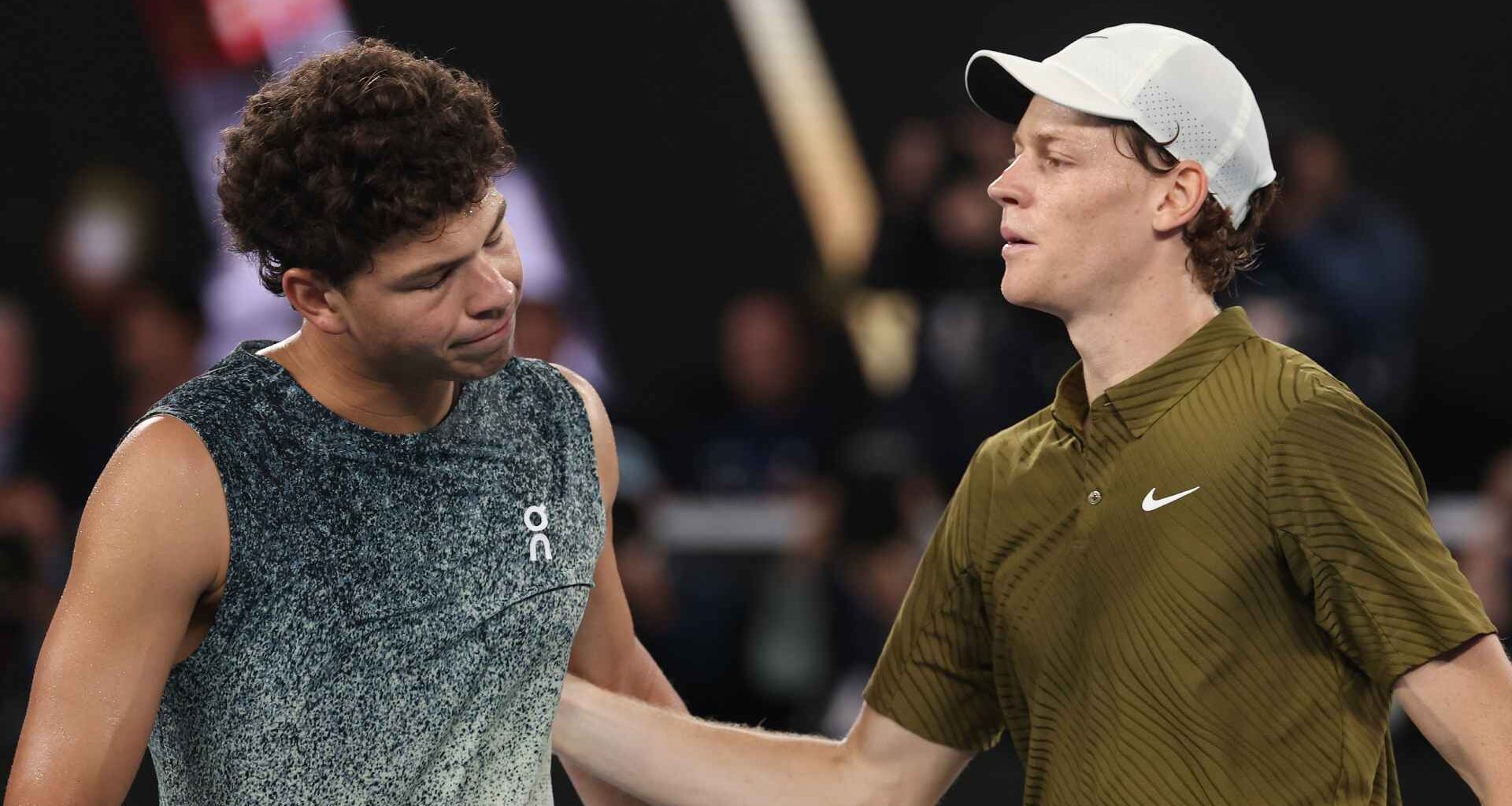 Jannik Sinner defeats Ben Shelton in straight sets in Melbourne on Wednesday.