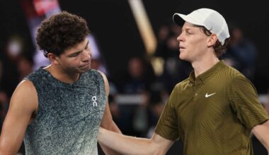 Jannik Sinner defeats Ben Shelton in straight sets in Melbourne on Wednesday.