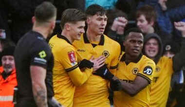 Jorgen Strand Larsen celebrates with his team-mates after completing his hat-trick against Shrewsbury
