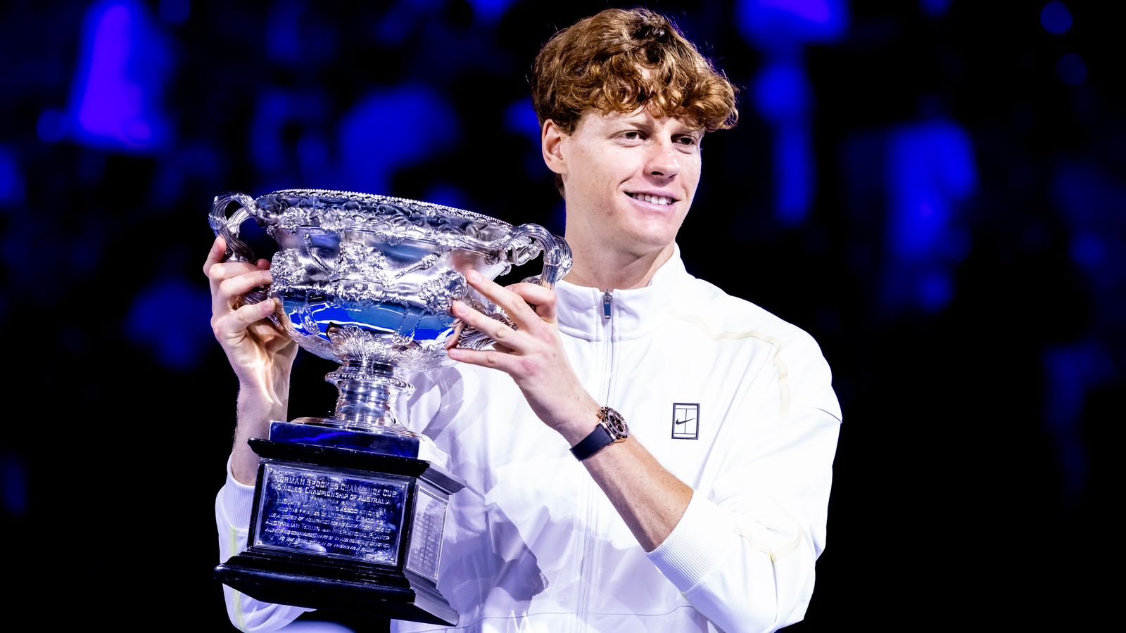 Jannik Sinner of italy raises the Norman Brookes Challenge Cup after winning the Men's Singles Final of the 2025 Australian Open on January