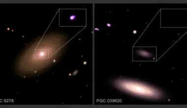 Supermassive black holes: Two images of galaxies with insets, one showing a bright spot the other showing nothing.