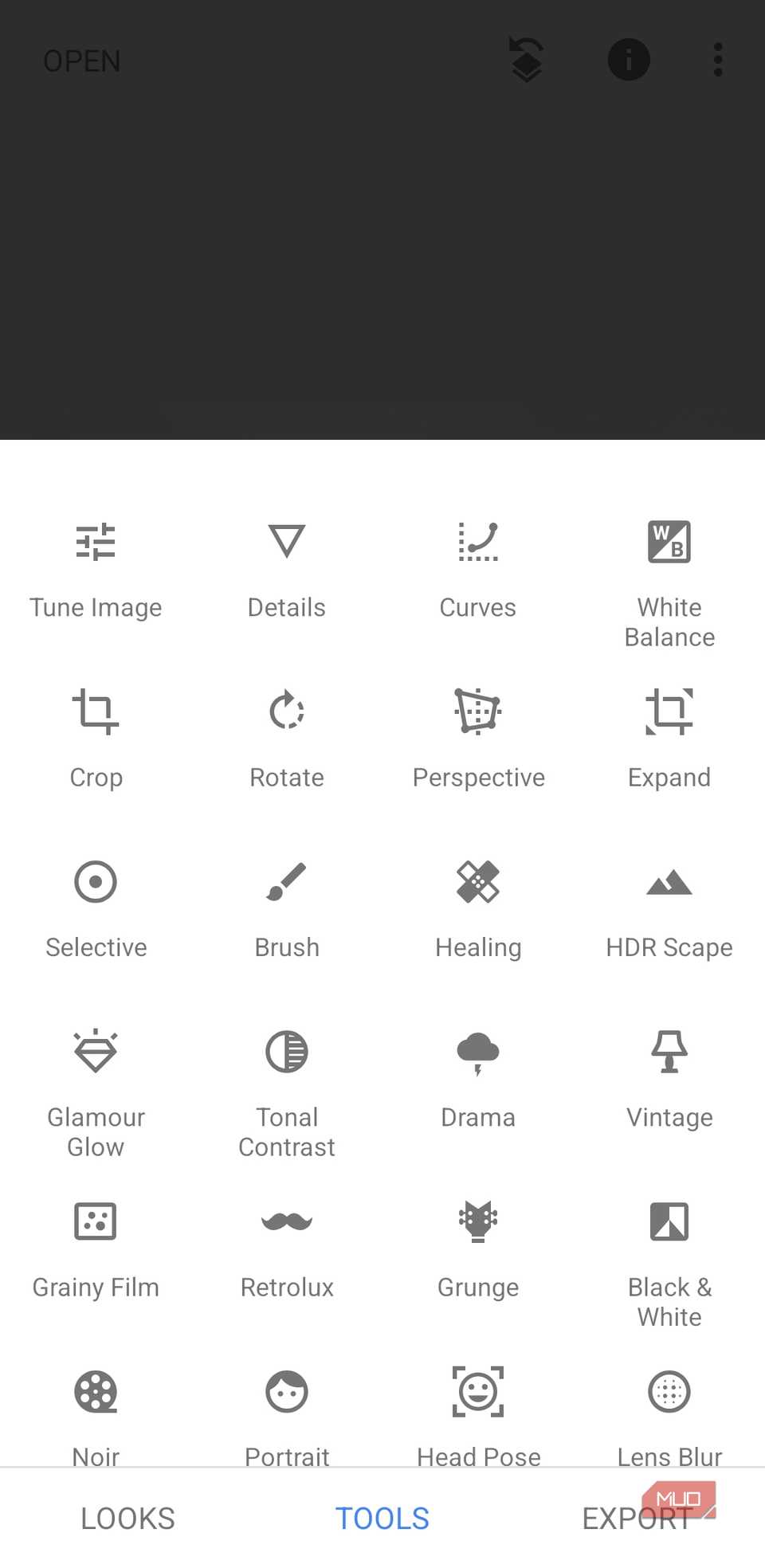 Snapseed tools menu on Android