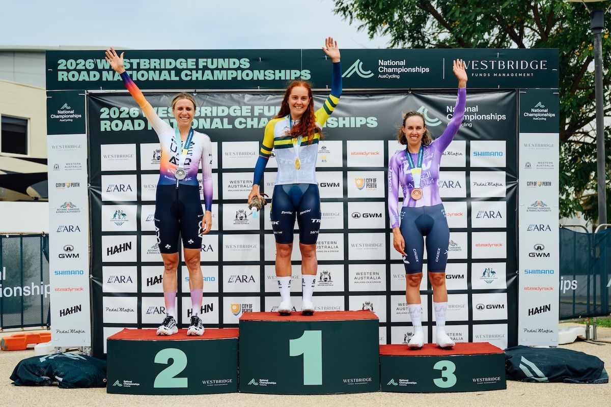 The elite women's time trial podium at the 2026 Westbridge Funds Australian Road National Championships - Felicity Wilson-Haffenden first, Brodie Chapman second and Josie Talbot third