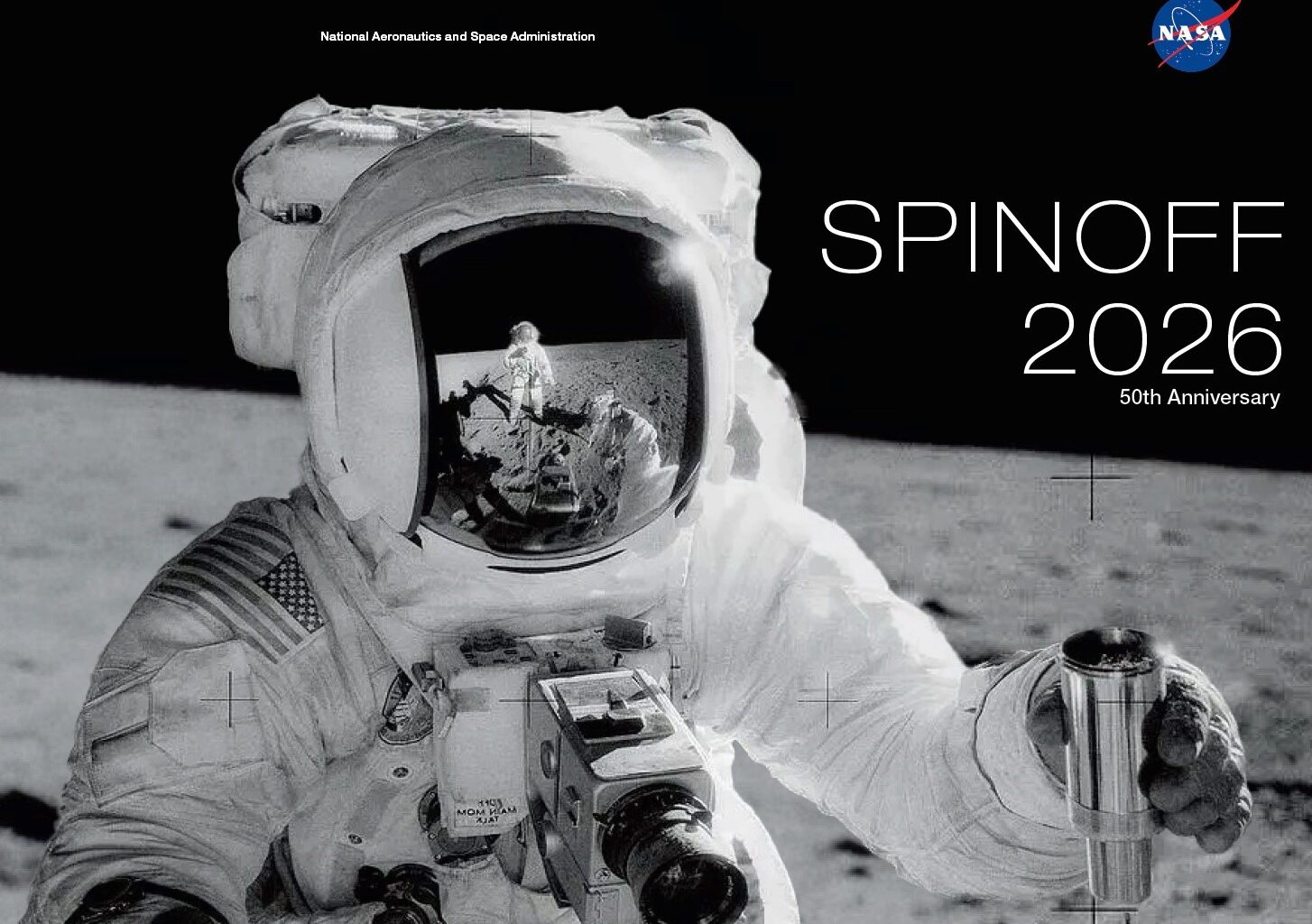 Spinoff 2026 marks the publication's 50th year documenting commercial uses of NASA technology. This edition’s cover features Astronaut Alan Bean holding an environmental sample container filled with lunar soil during the Apollo 12 mission of November 1969. Astronaut Charles Conrad Jr., who took this picture, is reflected in Bean’s helmet visor.