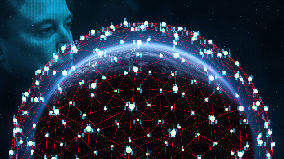 Illustration of Elon Musk in Space looking over a planet surrounded by satellites