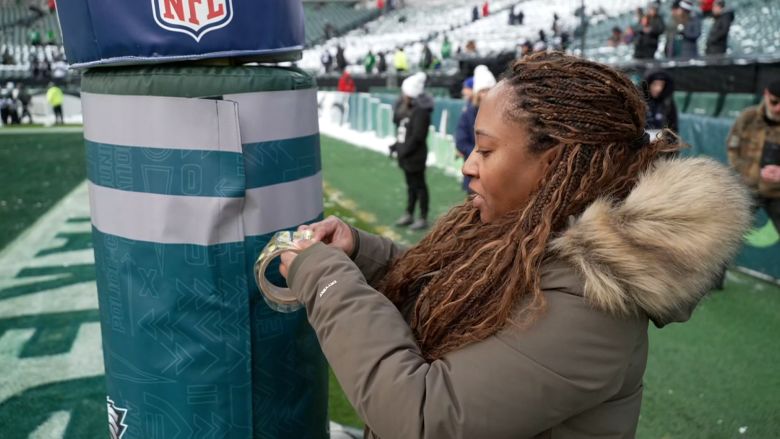 Goal-post padding is authenticated before an Eagles game at Lincoln Financial Field.
