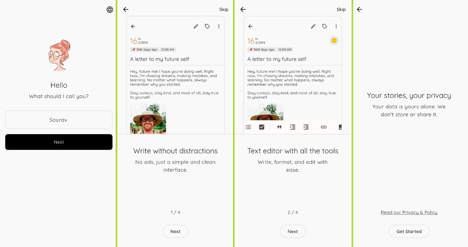 this 4-part collage shows the new user onboarding process for the storypad app