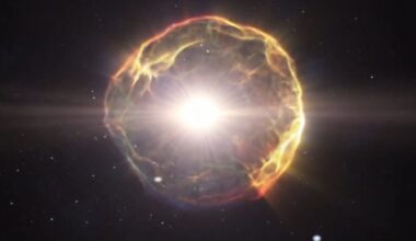 This screenshot shows an artist's illustration of a supernova explosion. Astronomers detected a pair of ancient supernova that are being gravitationally lensed by galaxy clusters. The pair of exploding stars could help cosmologists solve the Hubble Tension and determine the value of the Hubble Constant, the rate of expansion of the Universe. Image Credit: ESA/Hubble (L. Calçada)