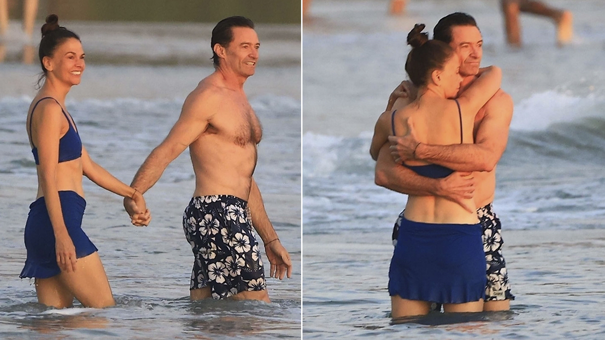 A split of Hugh Jackman and Sutton Foster on the beach in Costa Rica 