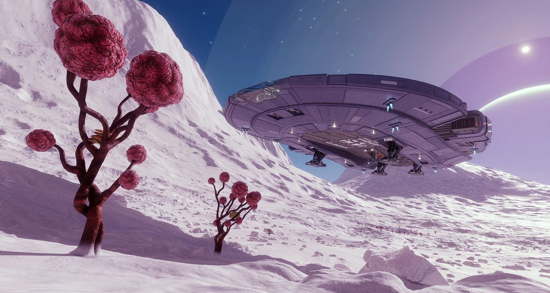 A screenshot from the game Elite Dangerous showing a snowy planet with bulbous pink trees and a spaceship landing.