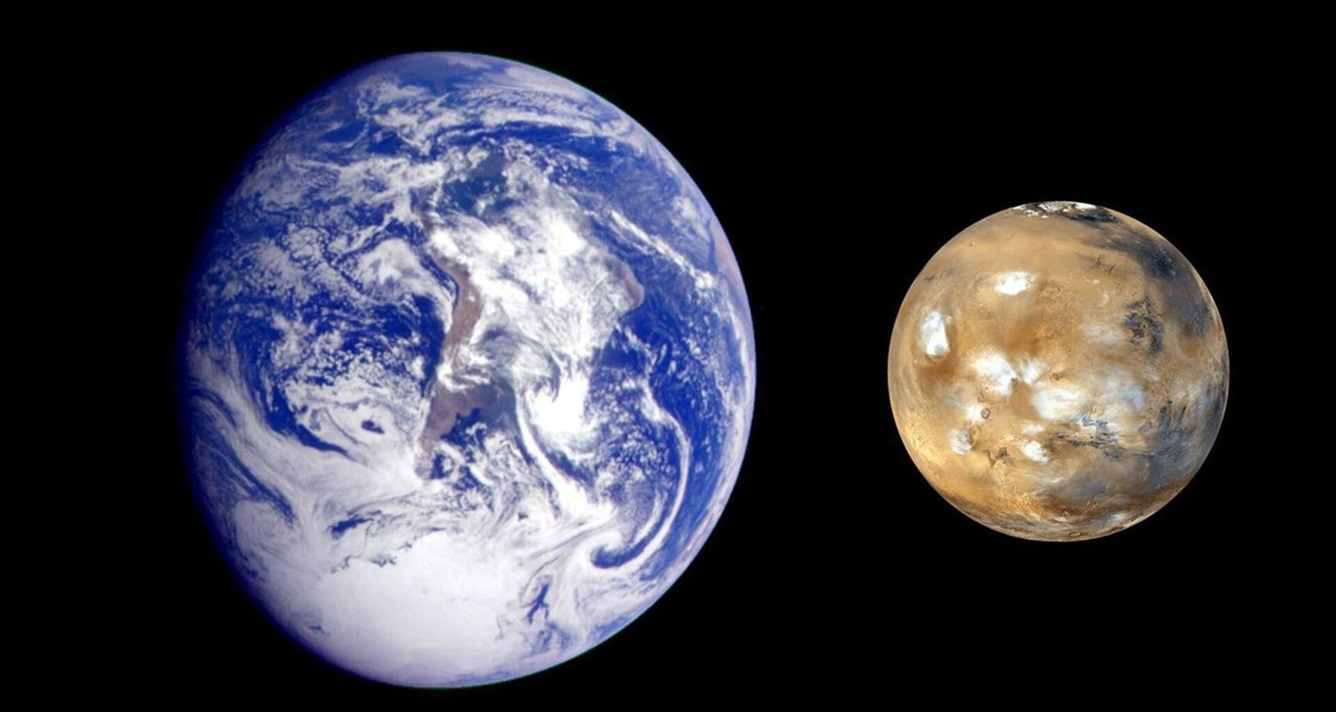 A photo of Earth (left) and Mars (right) against a dark background. Earth is bigger and white clouds float among blue oceans while Mars as a few white clouds dotting its reddish brownish surface