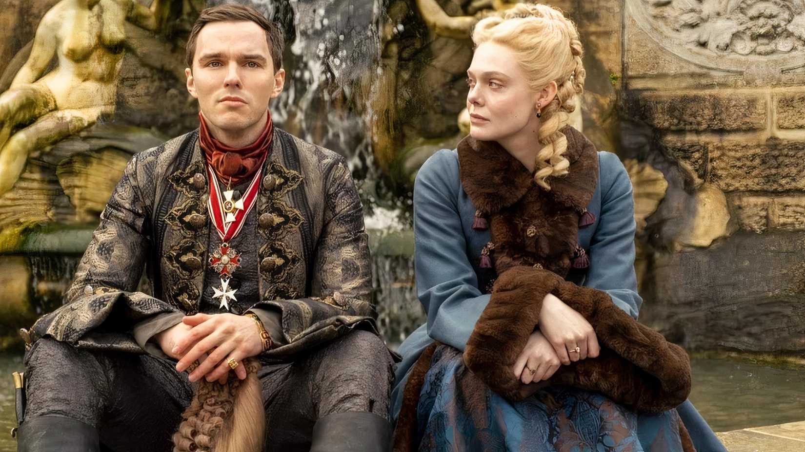 Nicholas Hoult and Elle Fanning in The Great.