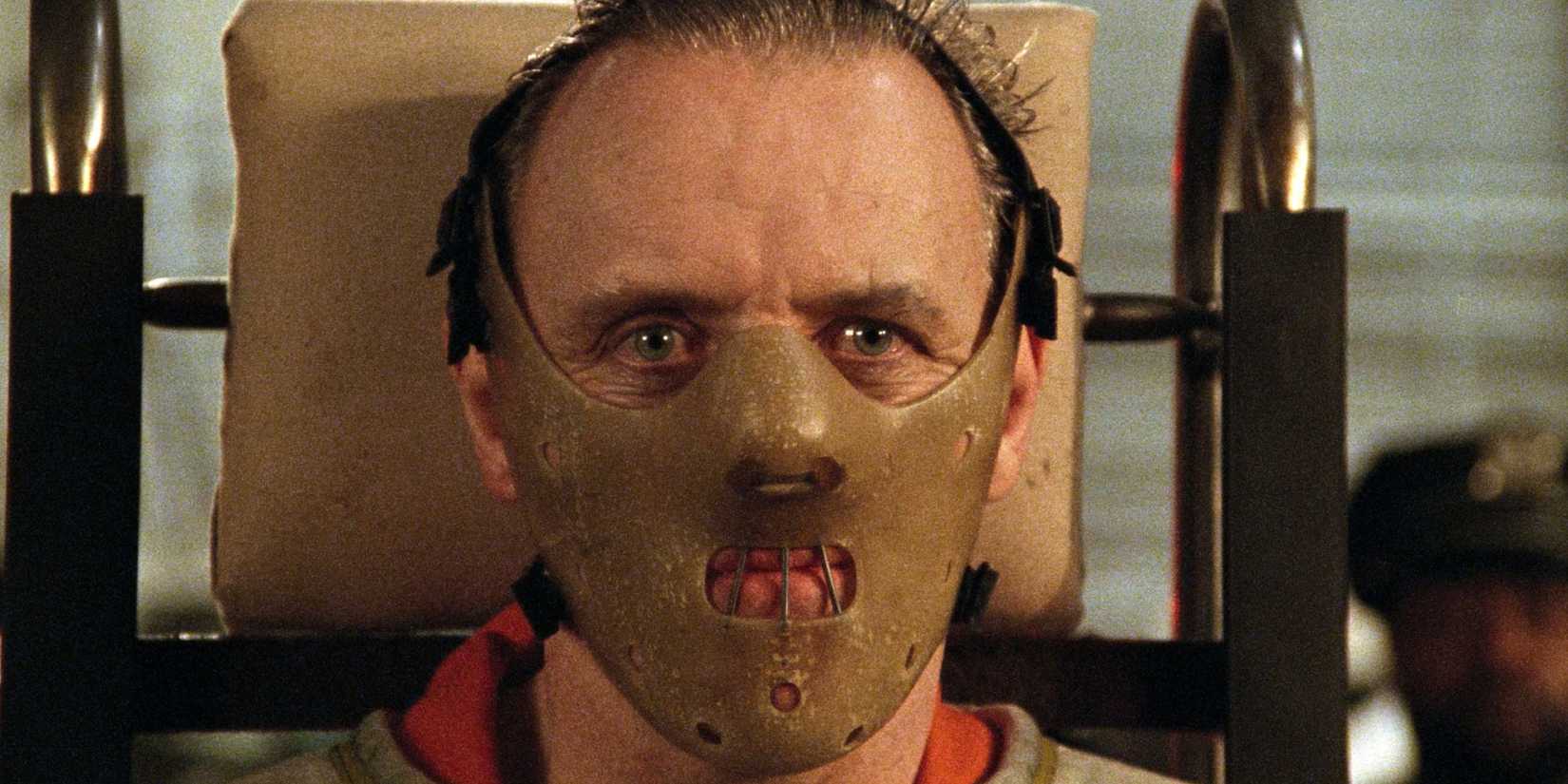 Hannibal Lecter, played by Sir Anthony Hopkins, is restrained with a muzzle in The Silence of the Lambs.