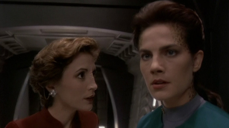 Nana Visitor with ridges on nose as Kira and Terry Ferrell as Jazdia with spots on forehead and neck in Star Trek: Deep Space Nine