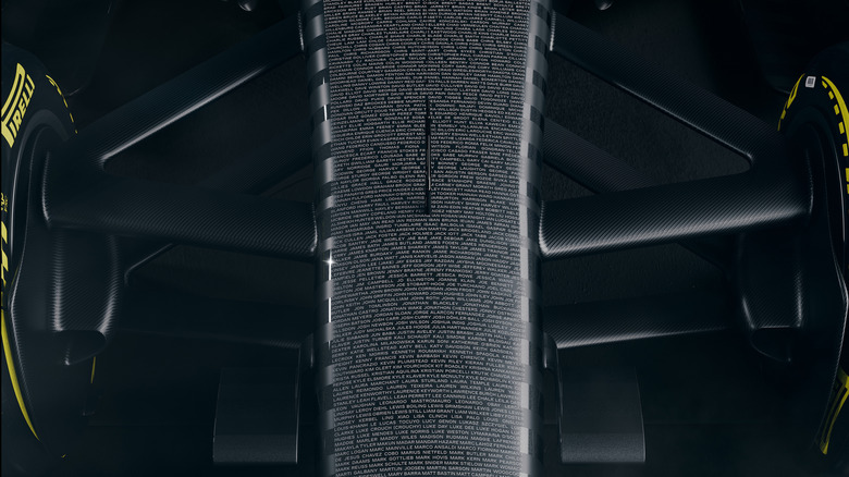 A top-down view of Cadillac's F1 test livery with the names of the team's founding members