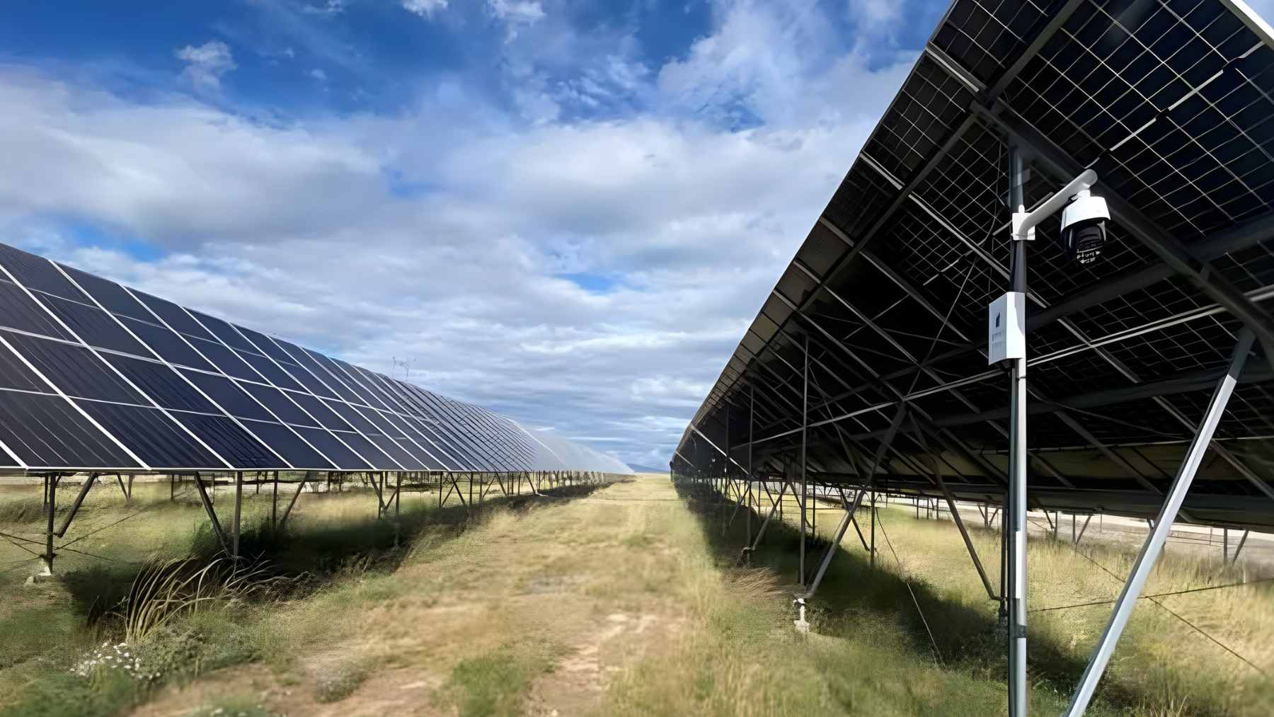 Rows of solar panels in Qinghai province forming a massive photovoltaic park on the Tibetan Plateau with grass growing beneath.