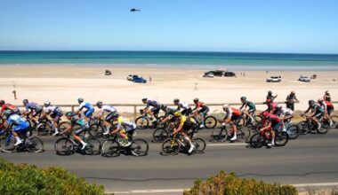 WILLUNGA, AUSTRALIA - JANUARY 21: (L-R) Luis-Joe Luhrs of Germany and Team Bora - Hansgrohe, Hugo Page of France and Team Intermarche - Circus - Wanty, Timo Van Dijke of The Netherlands and Team Jumbo-Visma and a general view of the peloton competing at Aldinga Beach during the 23rd Santos Tour Down Under 2023, Stage 4 a 133,2km stage from Port Willunga to Willunga Township 138m / #TourDownUnder / #WorldTour / on January 21, 2023 in Willunga, Australia. (Photo by Daniel Kalisz/Getty Images)