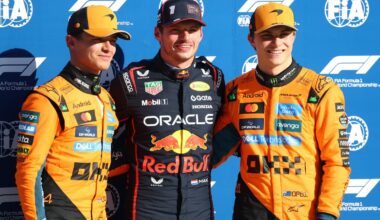 Pole position qualifier Max Verstappen of the Netherlands and Oracle Red Bull Racing Second placed qualifier Lando Norris of Great Britain and McLaren and Third placed qualifier Oscar Piastri of Australia and McLaren during qualifying ahead of the F1 Grand Prix of Italy at Autodromo Nazionale Monza on September 06, 2025 in Monza, Italy. (Photo by Mark Thompson/Getty Images) // Getty Images / Red Bull Content Pool //
