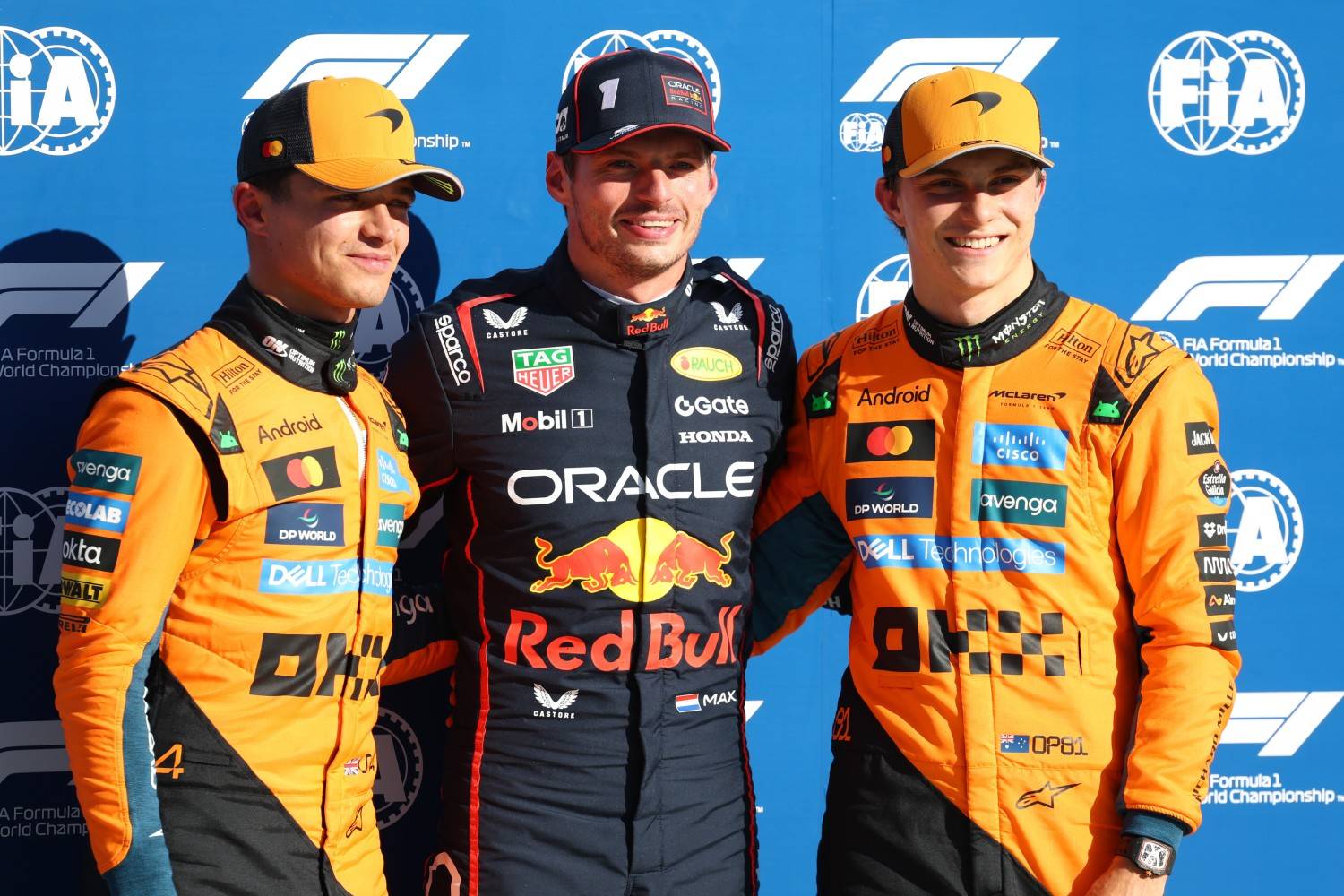 Pole position qualifier Max Verstappen of the Netherlands and Oracle Red Bull Racing Second placed qualifier Lando Norris of Great Britain and McLaren and Third placed qualifier Oscar Piastri of Australia and McLaren during qualifying ahead of the F1 Grand Prix of Italy at Autodromo Nazionale Monza on September 06, 2025 in Monza, Italy. (Photo by Mark Thompson/Getty Images) // Getty Images / Red Bull Content Pool //