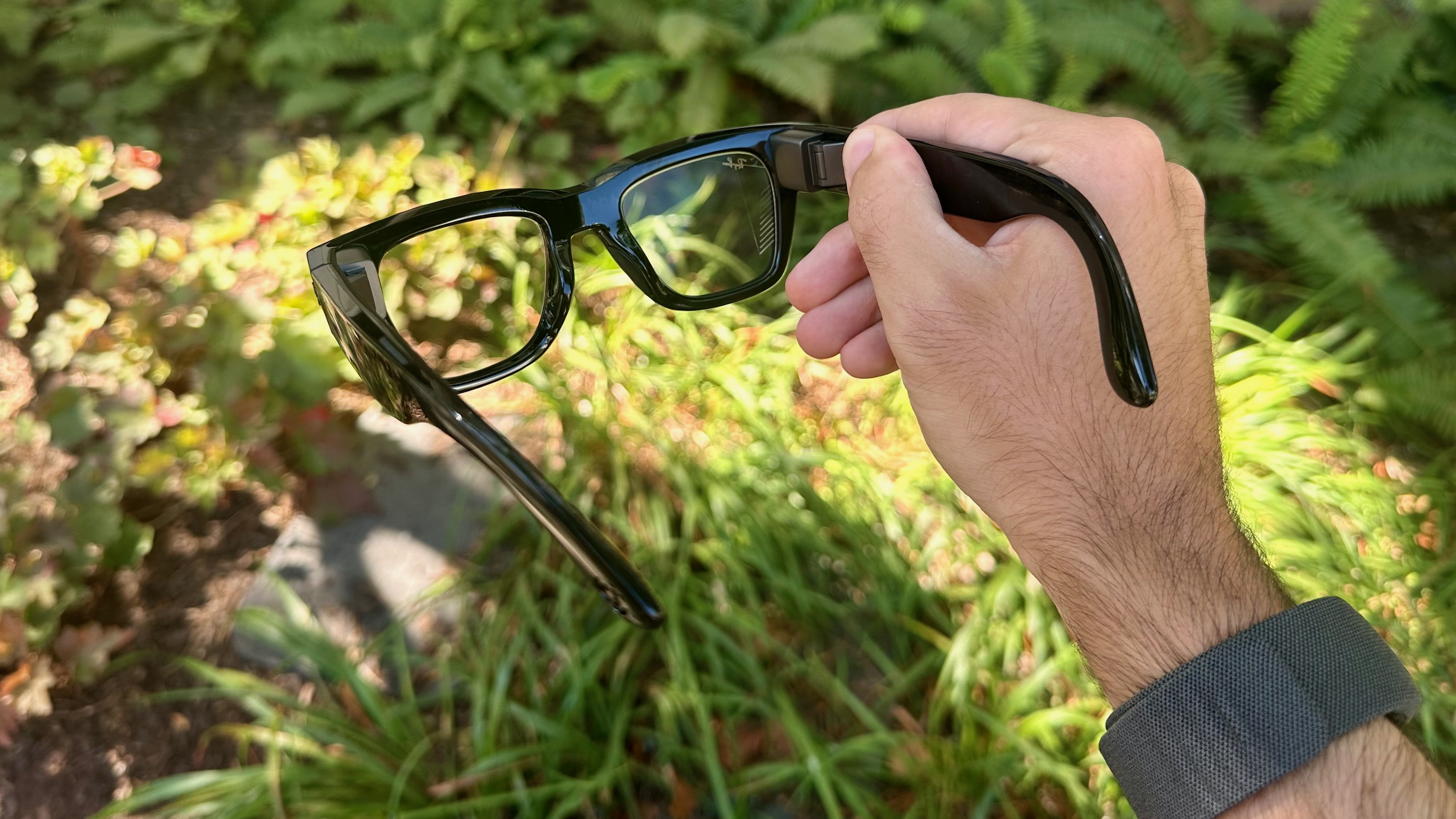 A photo of Meta Ray-Ban Display glasses, taken to show how it looks from the back looking through the lenses.