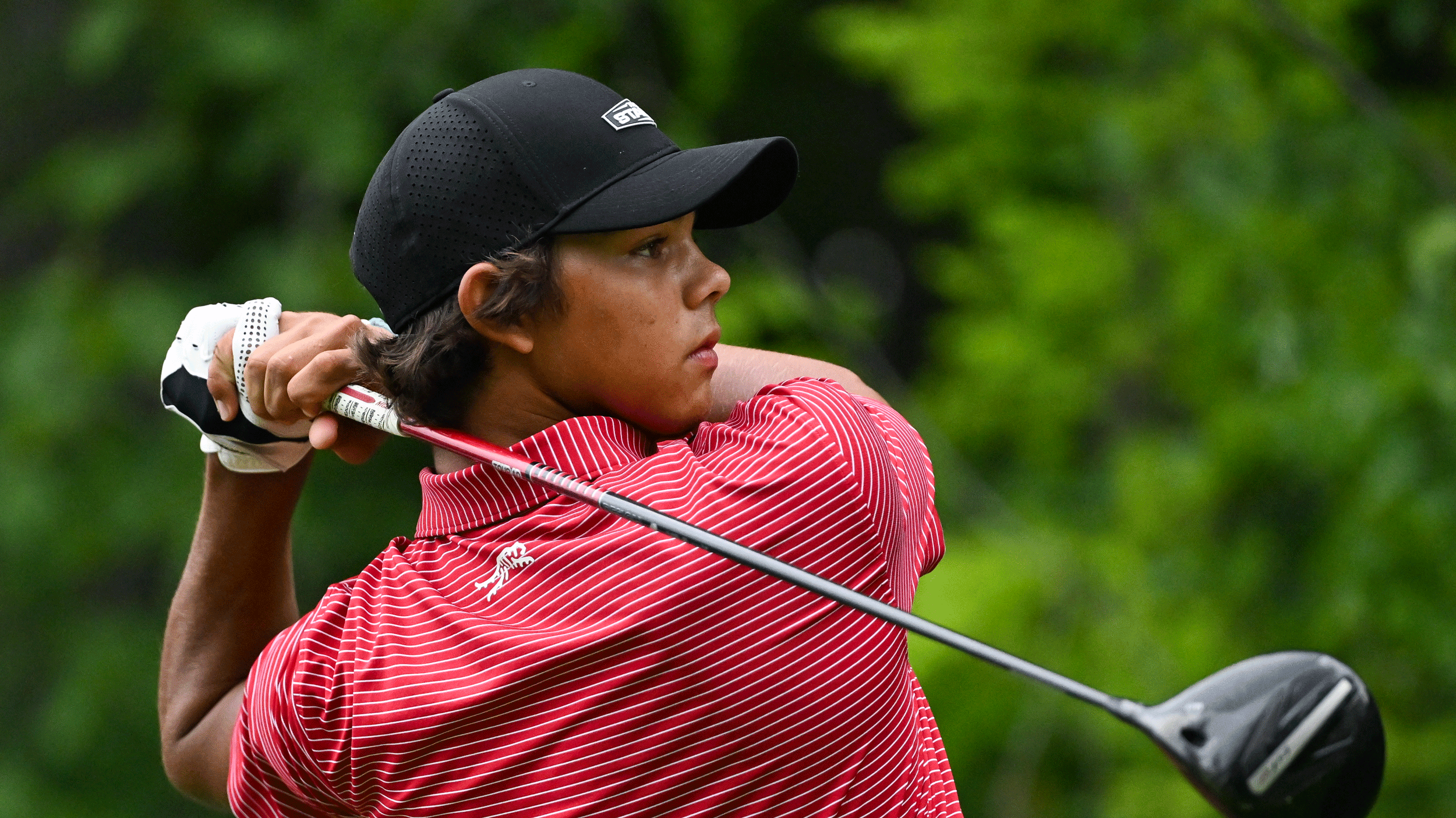 Charlie Woods hits driver at the 2025 Junior PGA Championship