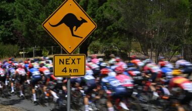 STIRLING AUSTRALIA JANUARY 19 A general view of the peloton prior to the 9th Santos Womens Tour Down Under 2025 Stage 3 a 1059km stage from Stirling to Stirling 444m UCIWWT on January 19 2025 in Stirling Australia Photo by Dario BelingheriGetty Images