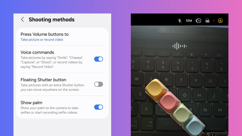 Samsung Galaxy Android camera voice commands and hand gesture settings and sample demo