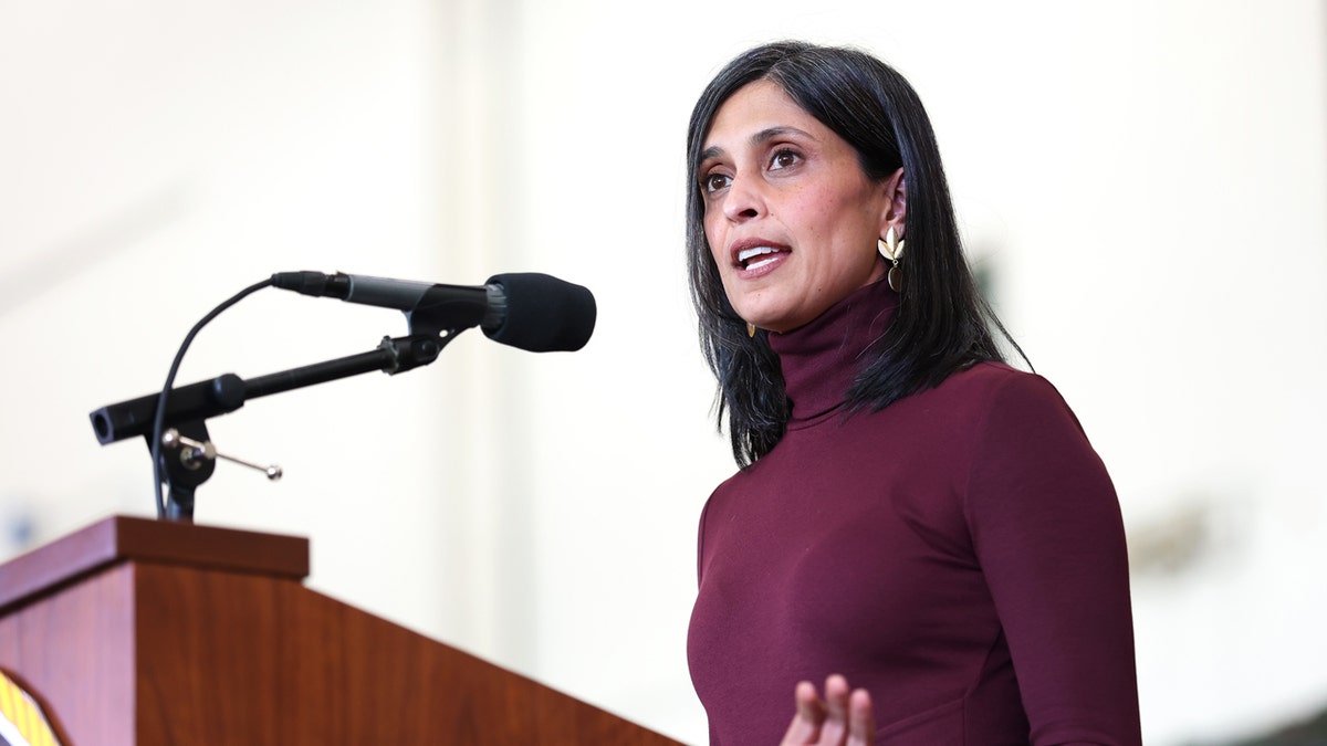 Usha Vance speaks at a microphone