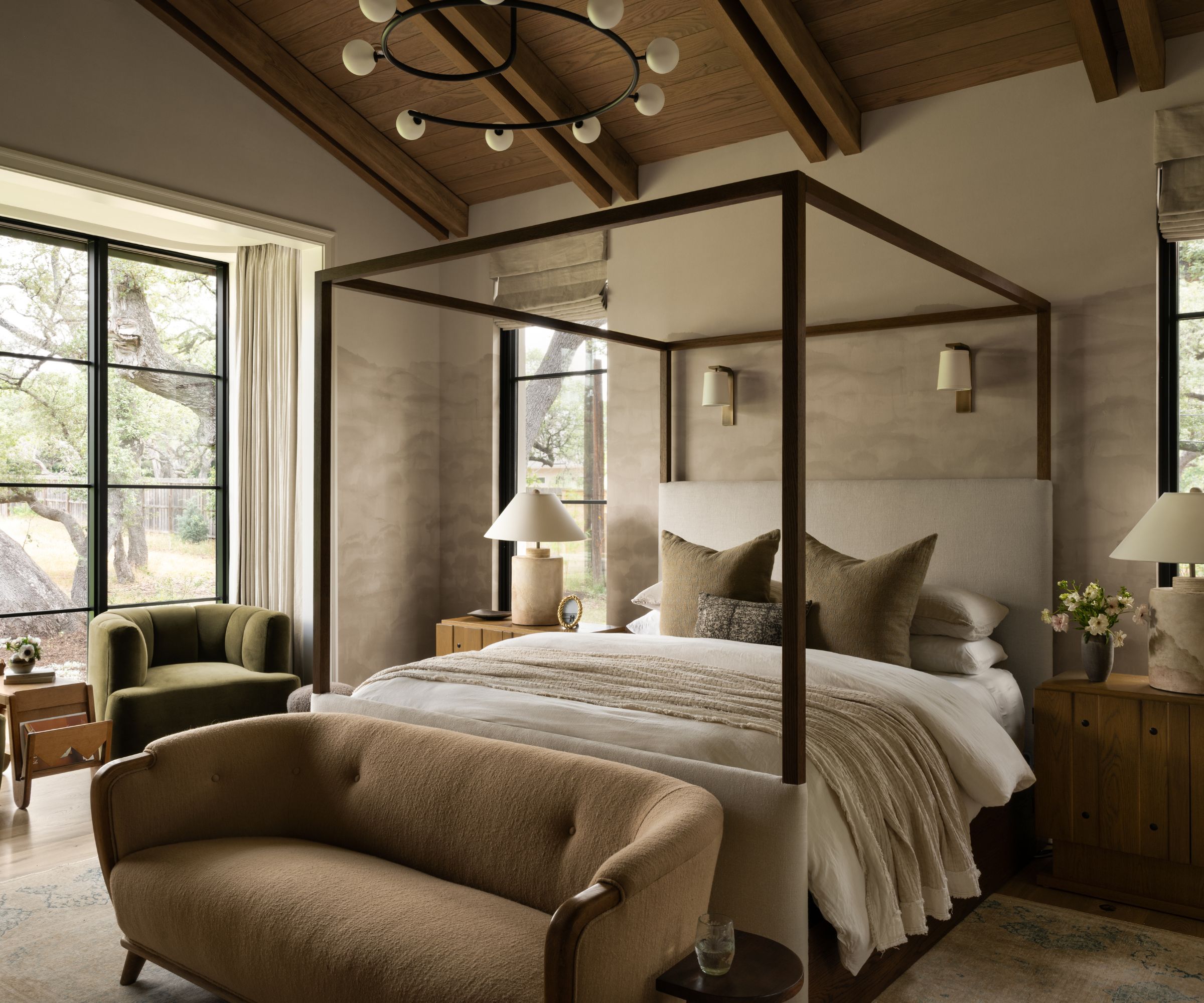 the serene modern rustic primary bedroom of Studio McGee's The Oaks house tour