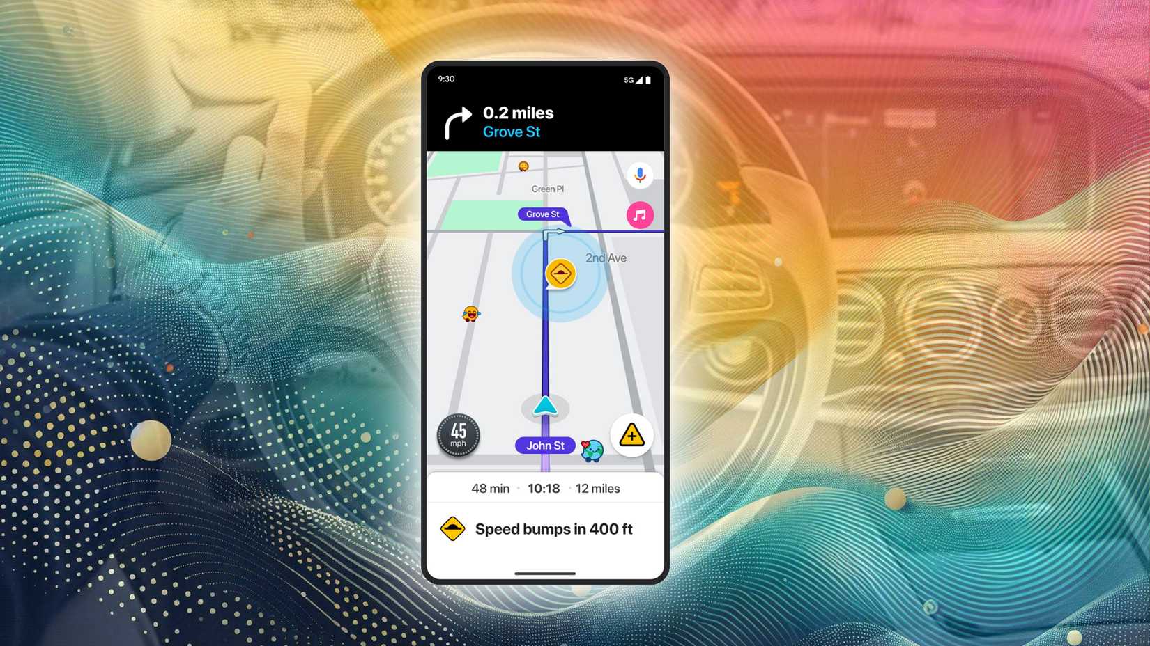 Waze app opened on a phone showing directions and speed bumps on a colorful background