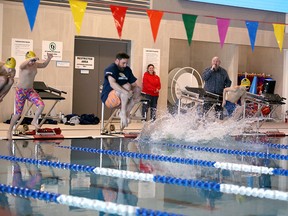 Town of Saugeen Shores Mayor Luke Charbonneau and members of the Breakers Swim Team partake in a ceremonial cannonball to officially open the eight-lane pool at the new Pryde Aquatic and Wellness Centre in Port Elgin on Saturday, Jan. 24, 2026. Greg Cowan/The Sun Times
