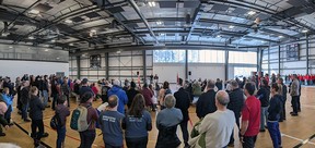 Town of Saugeen Shores Mayor Luke Charbonneau speaks in front of sponsors, service groups, and residents at the grand opening of the Pryde Aquatic and Wellness Centre in Port Elgin on Saturday, Jan. 24, 2026. Greg Cowan/The Sun Times