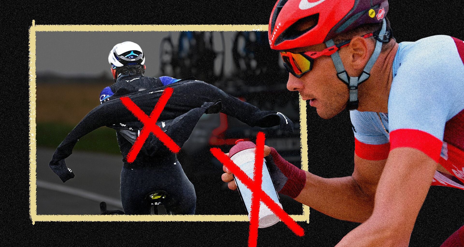 A rider in a rain jacket and a rider drinking a water bottle, both with crosses overlayed