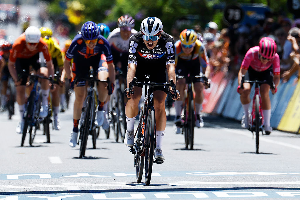 WILLUNGA, AUSTRALIA - JANUARY 17: Ally Wollaston of New Zealand and Team FDJ United - SUEZ celebrates at finish line as stage winner during the 10th Santos Women&amp;apos;s Tour Down Under 2026, Stage 1 a 137.4km stage from Willunga to Willunga 134m / #UCIWWT / on January 17, 2026 in Willunga, Australia. (Photo by Con Chronis/Getty Images)