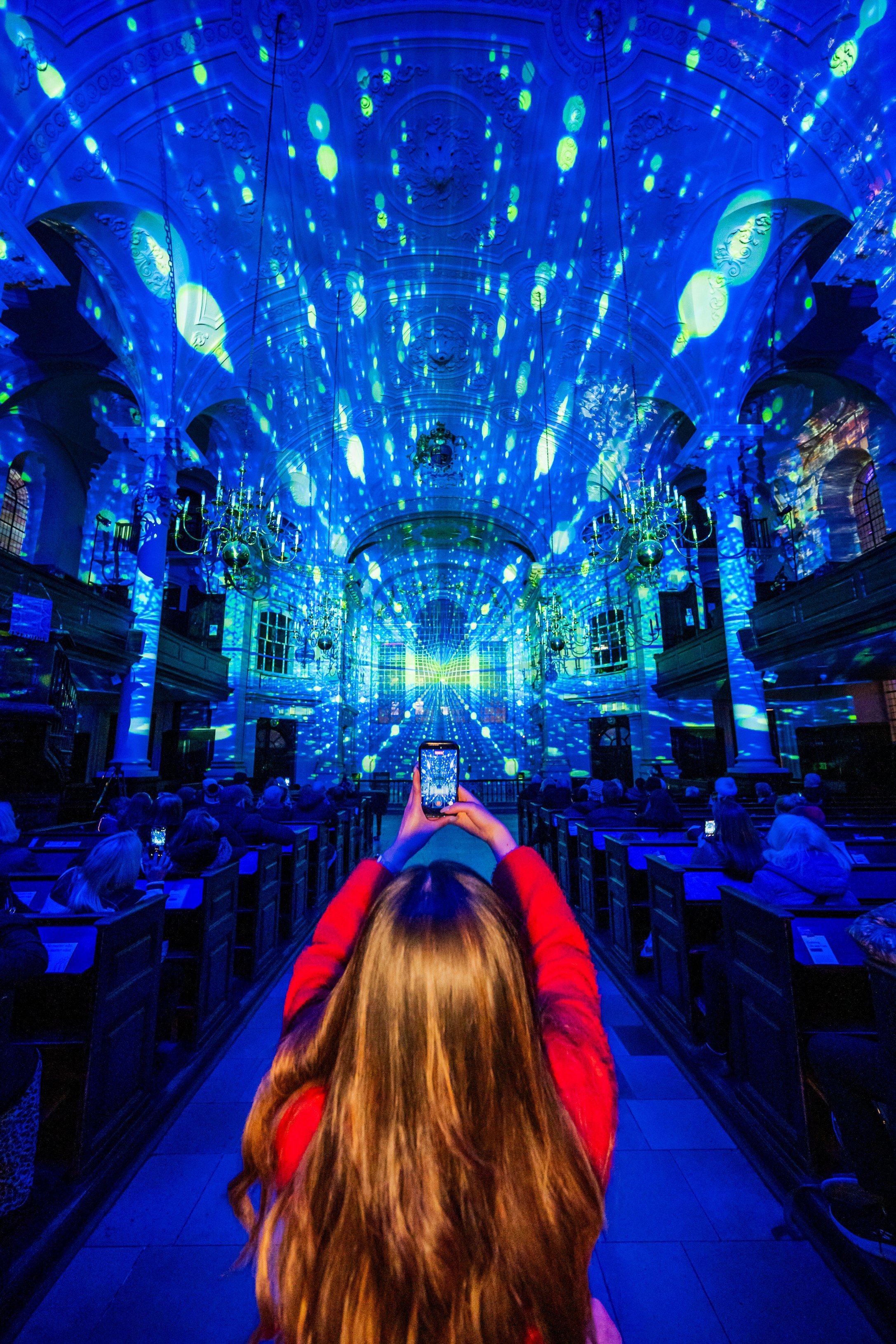 London, UK. 17th Feb, 2026. SPACE by Luxmuralis at St Martin-in-the-Fields, Trafalgar Square. A 'cosmic light & sound show providing an immersive interstellar journey to the outer reaches of the universe.' It runs from Tuesday 17 - Saturday 21 Februa